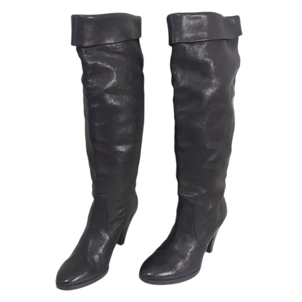 Michael Kors Women Slouchy Foldable Knee High Heeled Boots Size 7  Black Leather